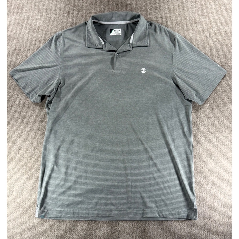 IZOD Golf Mens Large Gray Stripe Performance Short Sleeve Polo Shirt Stretch